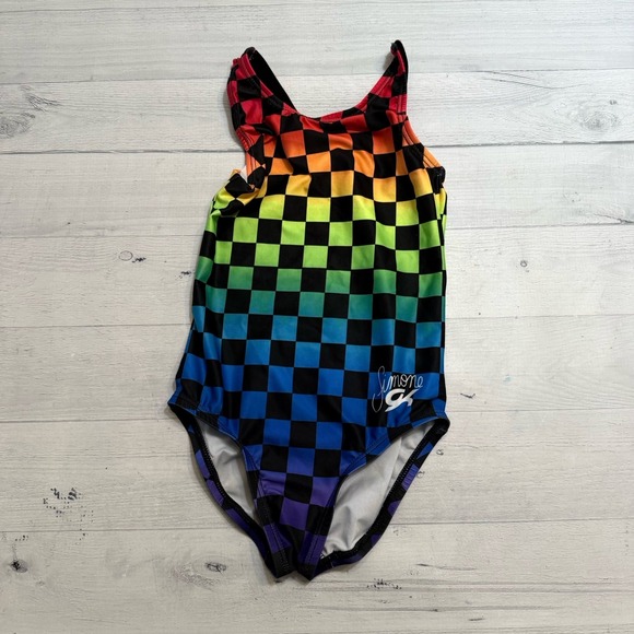 Simone Biles GK Elite Leotard Gymnastics Checkered Rainbow Child small - Picture 1 of 7